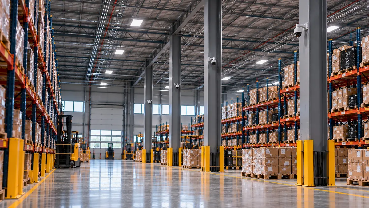Modern commercial warehouse with security cameras mounted on structural steel columns.