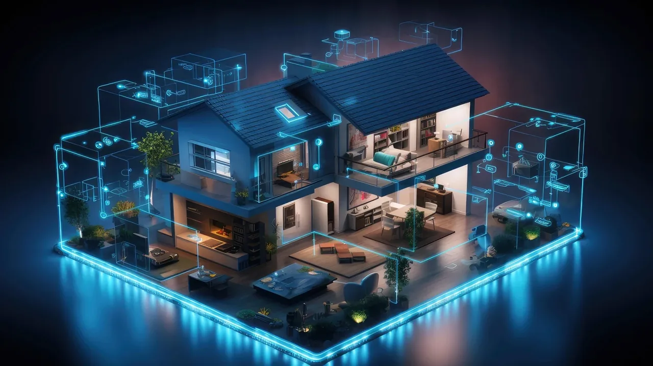 Illustration of a modern smart home with integrated technology and blue architectural highlights