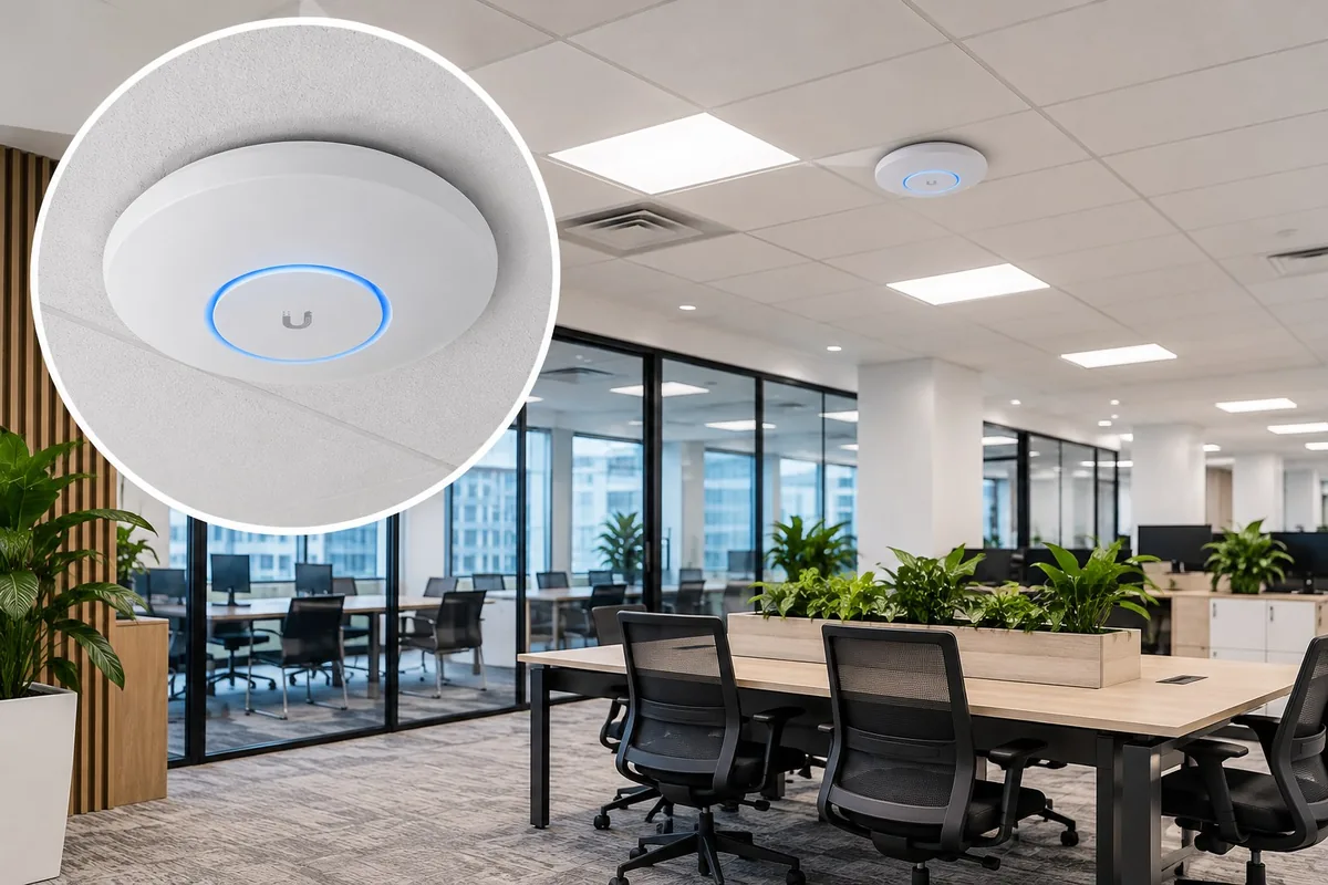 Modern open-plan office with a ceiling-mounted wireless access point, with an enlarged circular detail of the access point