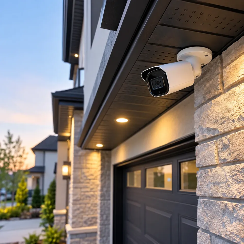 White exterior security camera mounted beneath the soffit of a modern home beside the garage