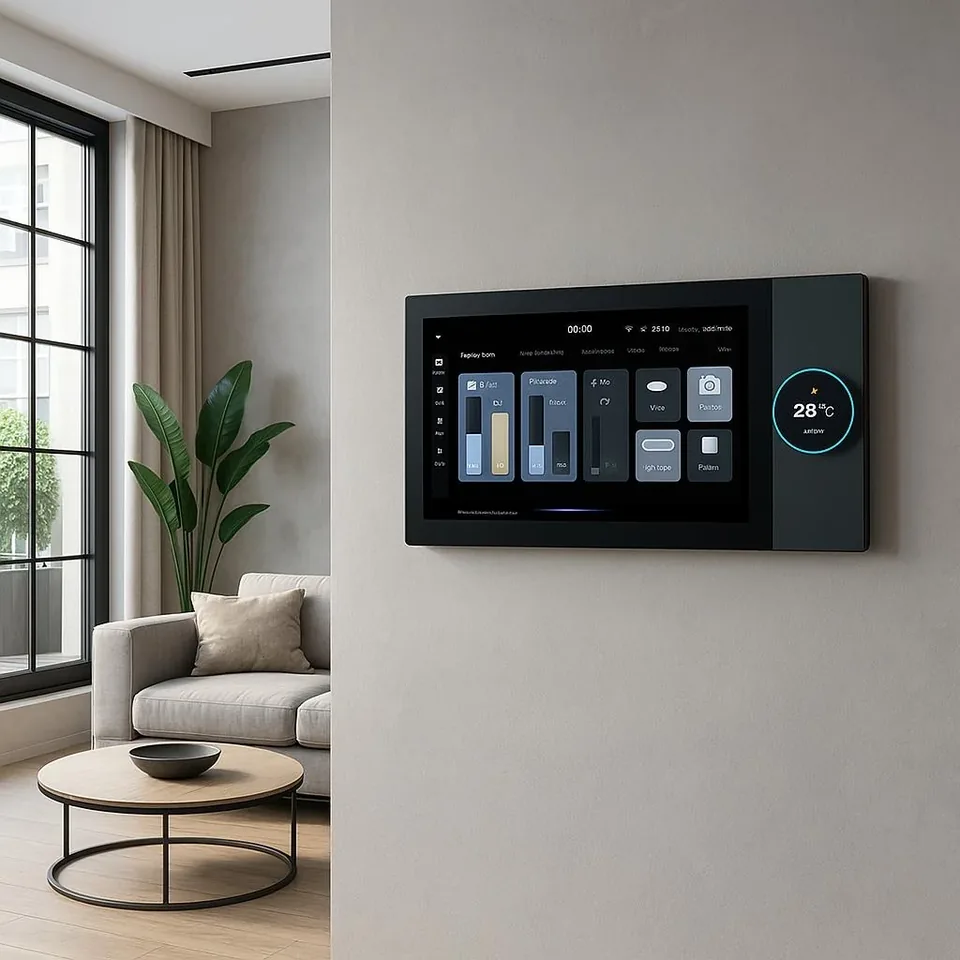 Wall-mounted smart-home touchscreen control panel in a modern living room
