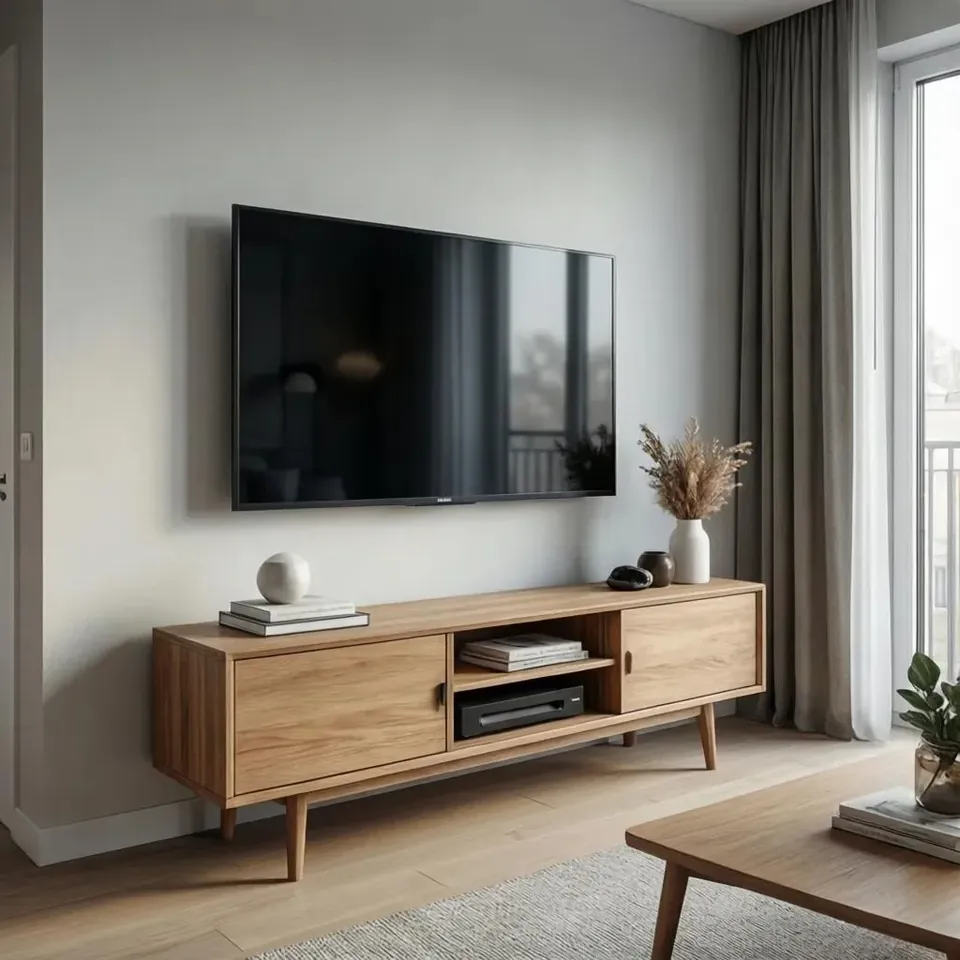 Wall-mounted television above a wooden media console in a contemporary living room